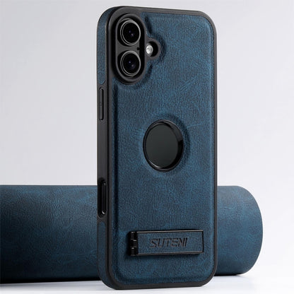 For iPhone 16 Suteni G2 Magsafe Litchi Texture Leather Back Phone Case with Holder(Blue) - iPhone 16 Cases by Suteni | Online Shopping South Africa | PMC Jewellery | Buy Now Pay Later Mobicred