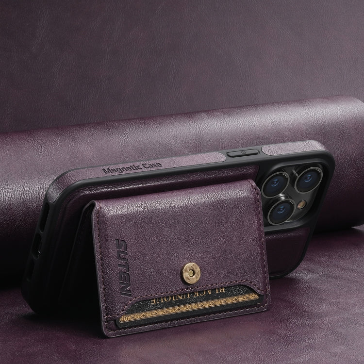 For iPhone 15 Suteni M1 Oil Wax MagSafe Detachable Horizontal Card Bag Phone Case(Purple) - iPhone 15 Cases by Suteni | Online Shopping South Africa | PMC Jewellery | Buy Now Pay Later Mobicred