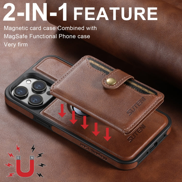 For iPhone 16 Plus Suteni M1 Oil Wax MagSafe Detachable Horizontal Card Bag Phone Case(Brown) - iPhone 16 Plus Cases by Suteni | Online Shopping South Africa | PMC Jewellery | Buy Now Pay Later Mobicred