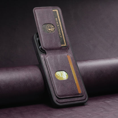 For iPhone 14 Suteni M2 Oil Wax MagSafe Horizontal Card Bag Phone Case(Purple) - iPhone 14 Cases by Suteni | Online Shopping South Africa | PMC Jewellery | Buy Now Pay Later Mobicred