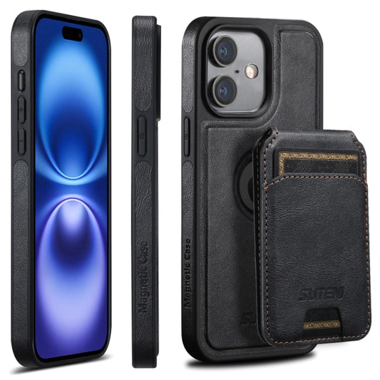 For iPhone 16 Plus Suteni M2 Oil Wax MagSafe Horizontal Card Bag Phone Case(Black) - iPhone 16 Plus Cases by Suteni | Online Shopping South Africa | PMC Jewellery | Buy Now Pay Later Mobicred