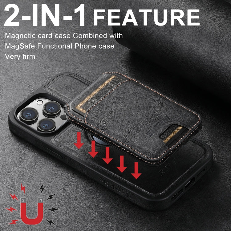 For iPhone 16 Plus Suteni M2 Oil Wax MagSafe Horizontal Card Bag Phone Case(Black) - iPhone 16 Plus Cases by Suteni | Online Shopping South Africa | PMC Jewellery | Buy Now Pay Later Mobicred