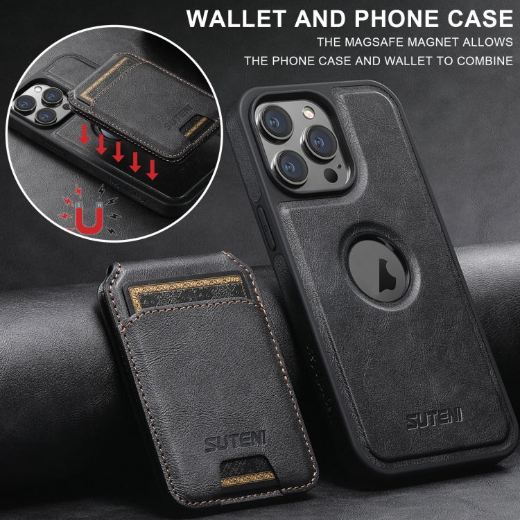 For iPhone 12  Suteni M2 Oil Wax MagSafe Horizontal Card Bag Phone Case(Black) - iPhone 12 / 12 Pro Cases by Suteni | Online Shopping South Africa | PMC Jewellery | Buy Now Pay Later Mobicred