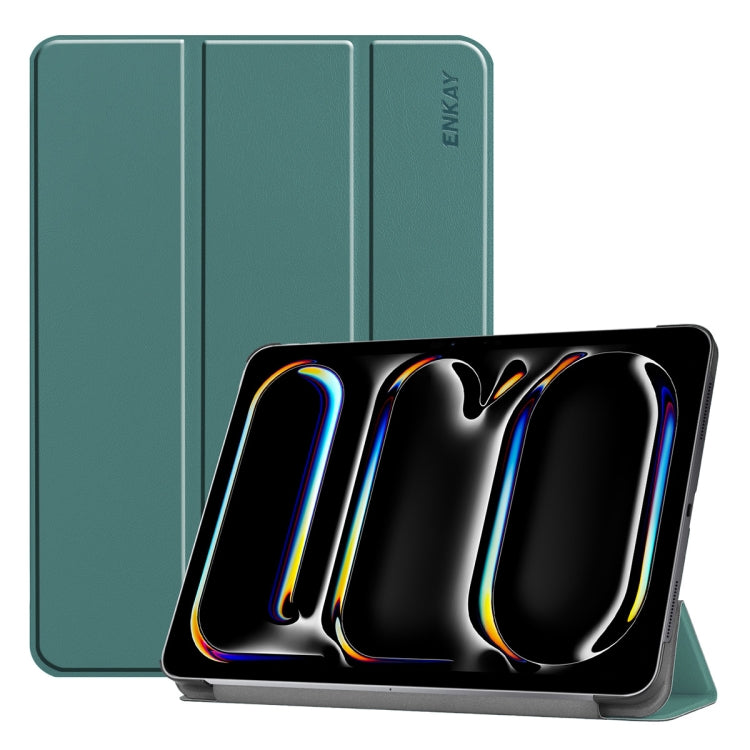 For iPad Pro 13 2024 ENKAY Tri-fold Custer Texture Platic Leather Smart Tablet Case(Dark Green) - iPad Pro 13 2024 Cases by ENKAY | Online Shopping South Africa | PMC Jewellery | Buy Now Pay Later Mobicred