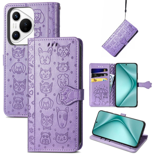 For Huawei Pura 70 Cat and Dog Embossed Leather Phone Case(Purple) - Huawei Cases by PMC Jewellery | Online Shopping South Africa | PMC Jewellery | Buy Now Pay Later Mobicred