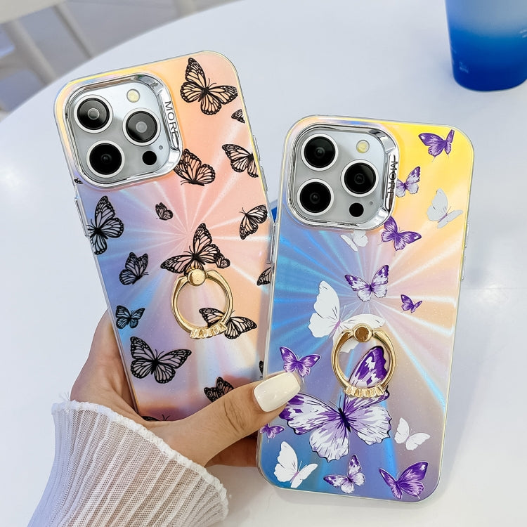 For iPhone 16 Pro Max Electroplating Laser Butterfly Ring Holder Phone Case(Pink Butterflies AB2) - iPhone 16 Pro Max Cases by PMC TechLife | Online Shopping South Africa | PMC TechLife | Buy Now Pay Later Mobicred