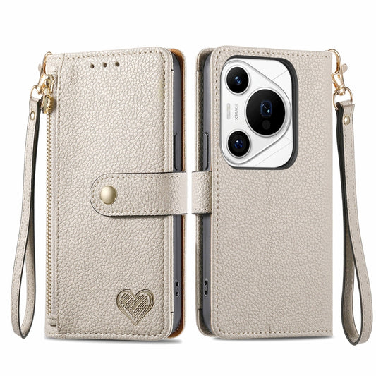 For Huawei Pura 70 Pro Love Zipper Lanyard Leather Phone Case(Gray) - Huawei Cases by PMC Jewellery | Online Shopping South Africa | PMC Jewellery | Buy Now Pay Later Mobicred