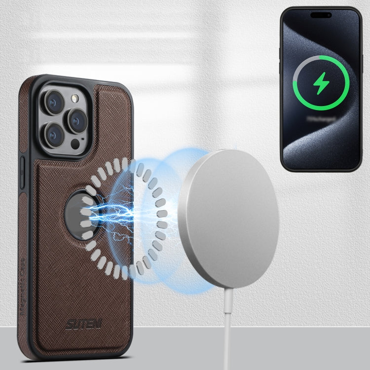 For iPhone 15 Pro Max Suteni M2 Cross-Grain MagSafe Vertical Card Back Phone Case(Brown) - iPhone 15 Pro Max Cases by Suteni | Online Shopping South Africa | PMC Jewellery | Buy Now Pay Later Mobicred