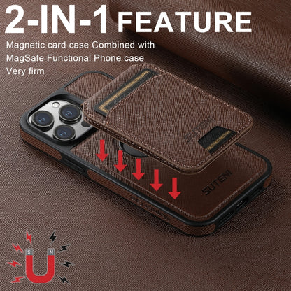 For iPhone 15 Plus Suteni M2 Cross-Grain MagSafe Vertical Card Back Phone Case(Brown) - iPhone 15 Plus Cases by Suteni | Online Shopping South Africa | PMC Jewellery | Buy Now Pay Later Mobicred