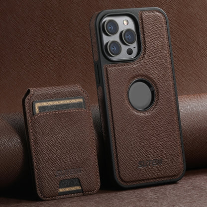 For iPhone 15 Pro Suteni M2 Cross-Grain MagSafe Vertical Card Back Phone Case(Brown) - iPhone 15 Pro Cases by Suteni | Online Shopping South Africa | PMC Jewellery | Buy Now Pay Later Mobicred