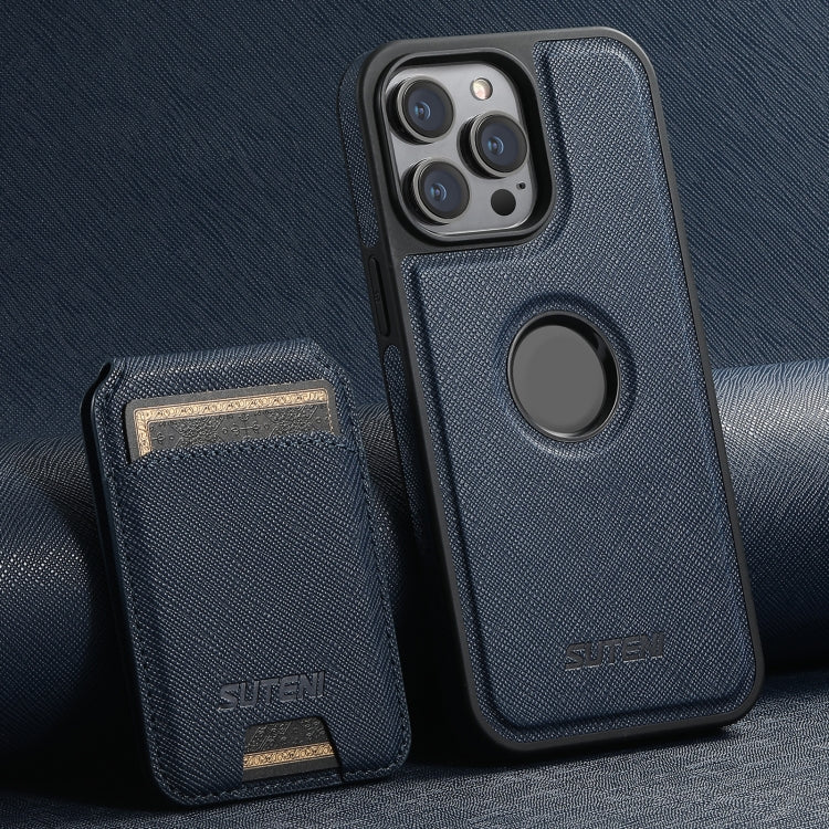For iPhone 14 Pro Suteni M2 Cross-Grain MagSafe Vertical Card Back Phone Case(Blue) - free shipping - PMC Jewellery - Order now!
