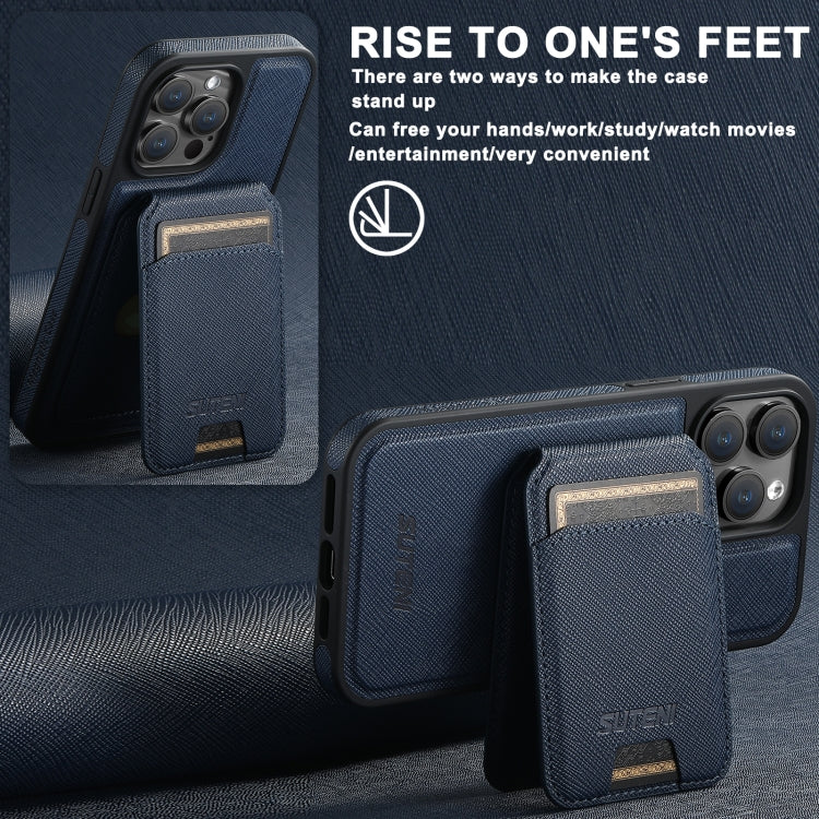 For iPhone 14 Pro Suteni M2 Cross-Grain MagSafe Vertical Card Back Phone Case(Blue) - free shipping - PMC Jewellery - Order now!
