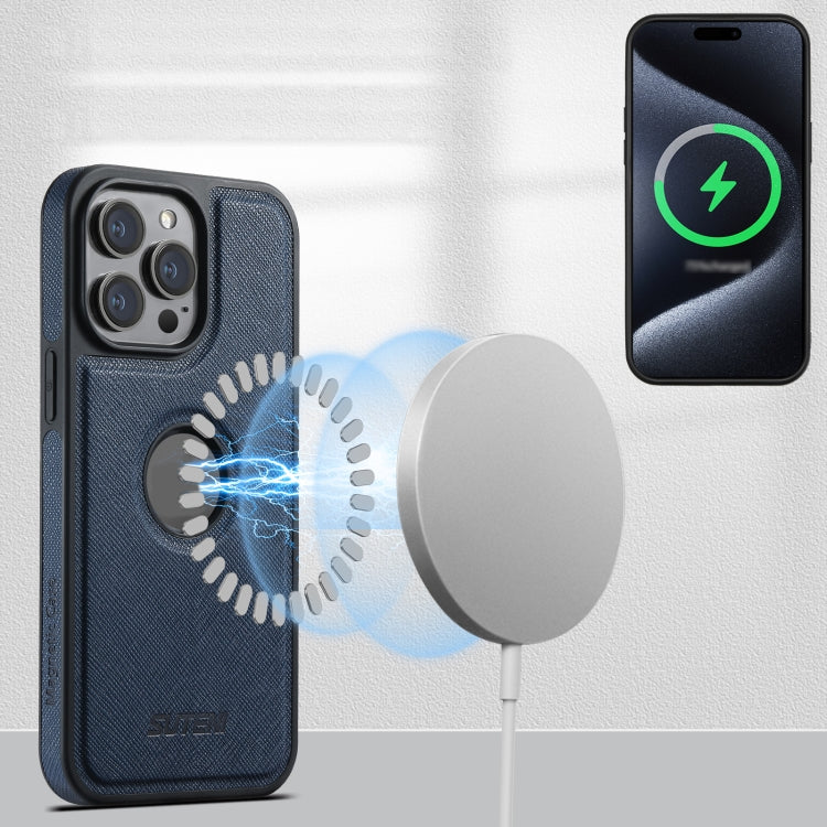 For iPhone 14 Pro Suteni M2 Cross-Grain MagSafe Vertical Card Back Phone Case(Blue) - free shipping - PMC Jewellery - Order now!