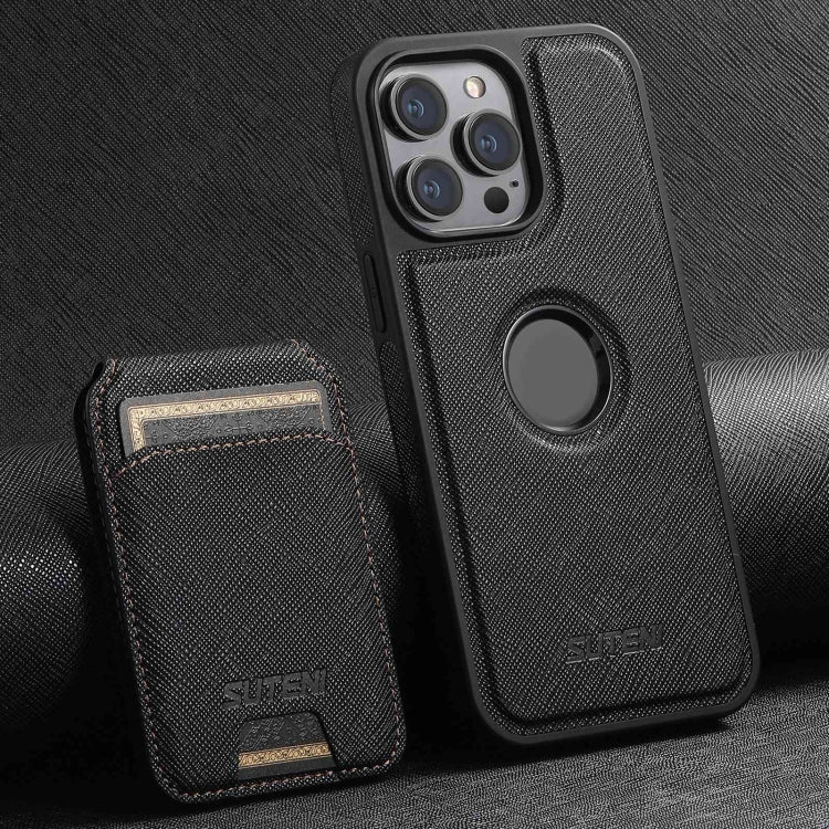 For iPhone 13 Pro Max Suteni M2 Cross-Grain MagSafe Vertical Card Back Phone Case(Black) - iPhone 13 Pro Max Cases by Suteni | Online Shopping South Africa | PMC Jewellery | Buy Now Pay Later Mobicred