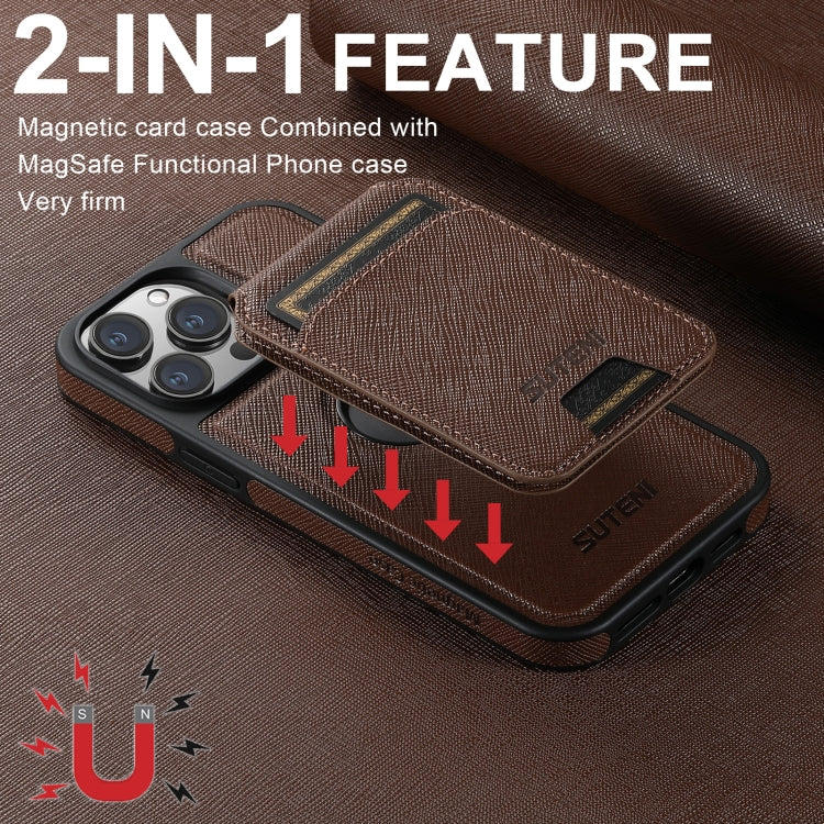 For iPhone 12 Suteni M2 Cross-Grain MagSafe Vertical Card Back Phone Case(Brown) - iPhone 12 / 12 Pro Cases by Suteni | Online Shopping South Africa | PMC Jewellery | Buy Now Pay Later Mobicred