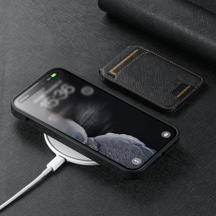 For iPhone 16 Pro Suteni M2 Cross-Grain MagSafe Vertical Card Back Phone Case(Black) - iPhone 16 Pro Cases by Suteni | Online Shopping South Africa | PMC Jewellery | Buy Now Pay Later Mobicred