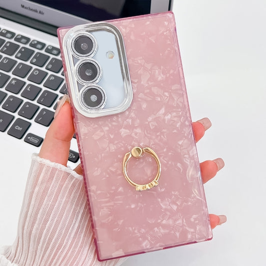 For Samsung Galaxy S25+ 5G Plating Glitter Texture Ring Holder TPU Phone Case with Lens Film(Pink Shell Pattern) - Galaxy S25+ 5G Cases by PMC Jewellery | Online Shopping South Africa | PMC Jewellery | Buy Now Pay Later Mobicred