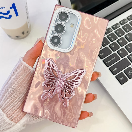 For Samsung Galaxy S25 5G Plating Glitter Texture Butterfly Holder TPU Phone Case with Lens Film(Pink Wrinkles) - Galaxy S25 5G Cases by PMC Jewellery | Online Shopping South Africa | PMC Jewellery | Buy Now Pay Later Mobicred