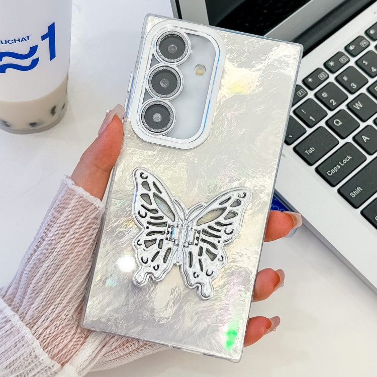 For Samsung Galaxy S25 5G Plating Glitter Texture Butterfly Holder TPU Phone Case with Lens Film(White Tinfoil Texture) - Galaxy S25 5G Cases by PMC Jewellery | Online Shopping South Africa | PMC Jewellery | Buy Now Pay Later Mobicred