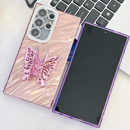 For Samsung Galaxy S25+ 5G Plating Glitter Texture Butterfly Holder TPU Phone Case with Lens Film(Purple Feather Yarn) - Galaxy S25+ 5G Cases by PMC Jewellery | Online Shopping South Africa | PMC Jewellery | Buy Now Pay Later Mobicred