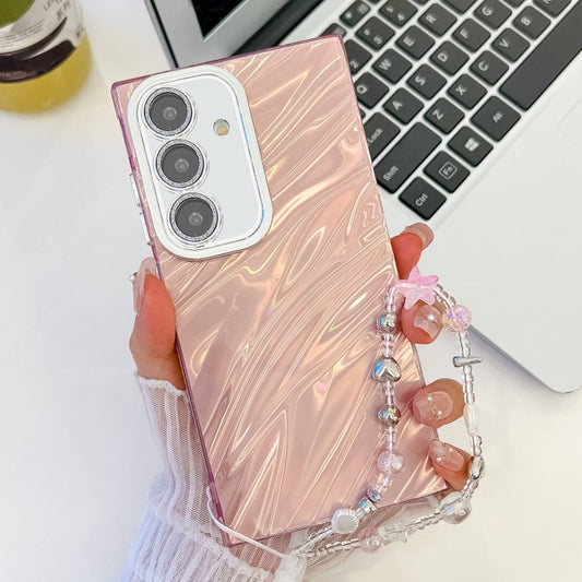 For Samsung Galaxy S25 5G Plating Glitter Texture Chain Wristband TPU Phone Case with Lens Film(Pink Water Ripples) - Galaxy S25 5G Cases by PMC Jewellery | Online Shopping South Africa | PMC Jewellery | Buy Now Pay Later Mobicred