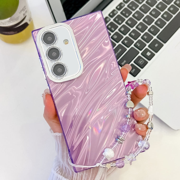 For Samsung Galaxy S25 5G Plating Glitter Texture Chain Wristband TPU Phone Case with Lens Film(Purple Water Ripples) - Galaxy S25 5G Cases by PMC Jewellery | Online Shopping South Africa | PMC Jewellery | Buy Now Pay Later Mobicred