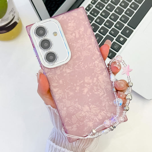 For Samsung Galaxy S25 5G Plating Glitter Texture Chain Wristband TPU Phone Case with Lens Film(Pink Shell Pattern) - Galaxy S25 5G Cases by PMC Jewellery | Online Shopping South Africa | PMC Jewellery | Buy Now Pay Later Mobicred