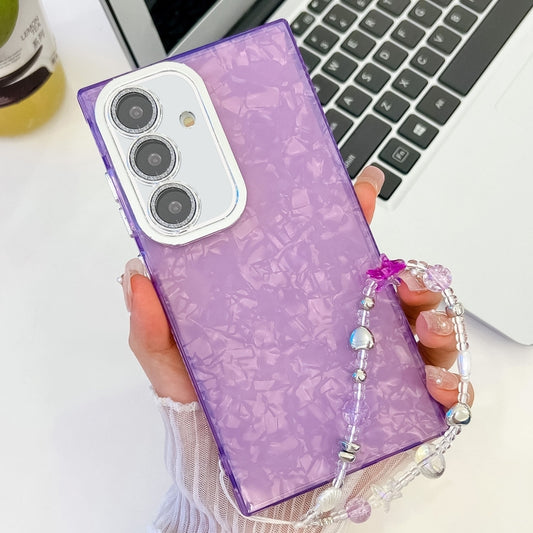 For Samsung Galaxy S25 5G Plating Glitter Texture Chain Wristband TPU Phone Case with Lens Film(Purple Shell Pattern) - Galaxy S25 5G Cases by PMC Jewellery | Online Shopping South Africa | PMC Jewellery | Buy Now Pay Later Mobicred