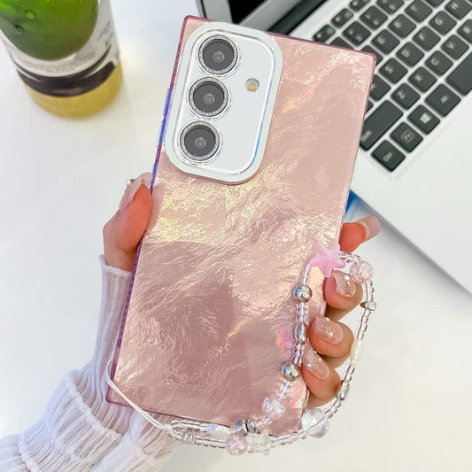 For Samsung Galaxy S25 5G Plating Glitter Texture Chain Wristband TPU Phone Case with Lens Film(Pink Tinfoil Texture) - Galaxy S25 5G Cases by PMC Jewellery | Online Shopping South Africa | PMC Jewellery | Buy Now Pay Later Mobicred