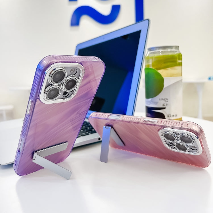 For iPhone 16e Plating Glitter Texture Fold Holder TPU Phone Case with Lens Film(Pink Wrinkles) - iPhone 16e Cases by PMC TechLife | Online Shopping South Africa | PMC TechLife | Buy Now Pay Later Mobicred