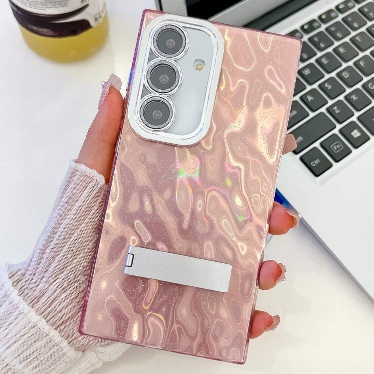 For Samsung Galaxy S25+ 5G Plating Glitter Texture Fold Holder TPU Phone Case with Lens Film(Pink Wrinkles) - Galaxy S25+ 5G Cases by PMC Jewellery | Online Shopping South Africa | PMC Jewellery | Buy Now Pay Later Mobicred