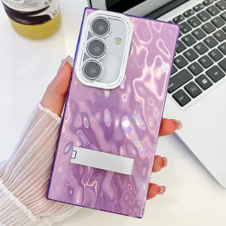 For Samsung Galaxy S25+ 5G Plating Glitter Texture Fold Holder TPU Phone Case with Lens Film(Purple Wrinkles) - Galaxy S25+ 5G Cases by PMC Jewellery | Online Shopping South Africa | PMC Jewellery | Buy Now Pay Later Mobicred