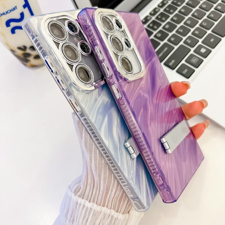 For Samsung Galaxy S25 5G Plating Glitter Texture Fold Holder TPU Phone Case with Lens Film(Purple Wrinkles) - Galaxy S25 5G Cases by PMC Jewellery | Online Shopping South Africa | PMC Jewellery | Buy Now Pay Later Mobicred