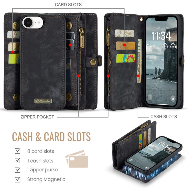 For iPhone 16e CaseMe 008 Detachable Multifunctional Leather Phone Case(Black) - free shipping - PMC TechLife - Order now!