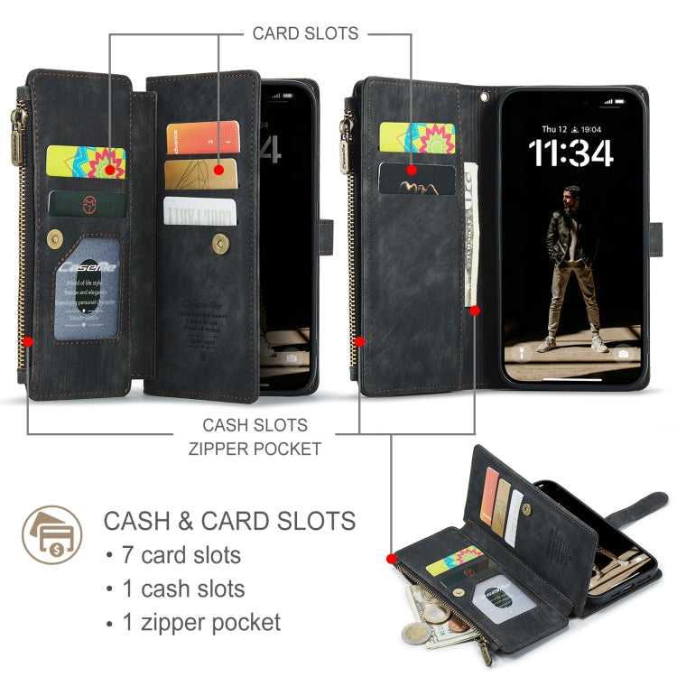 For iPhone 16 CaseMe C30 Card Slots Zipper Wallet Leather Phone Case(Black) - iPhone 16 Cases by CaseMe | Online Shopping South Africa | PMC Jewellery | Buy Now Pay Later Mobicred