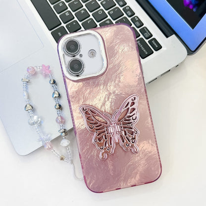 For iPhone 16 Plating Glitter Lens Film Texture Butterfly Holder Wristband Phone Case(Pink Tinfoil Texture) - iPhone 16 Cases by PMC Jewellery | Online Shopping South Africa | PMC Jewellery | Buy Now Pay Later Mobicred