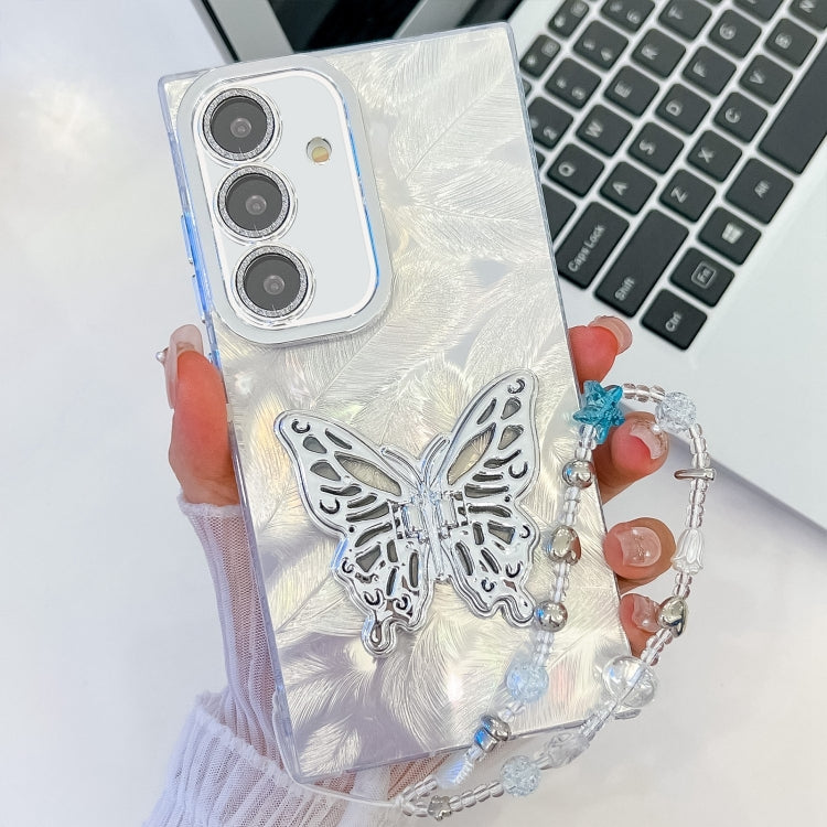 For Samsung Galaxy S25 5G Plating Glitter Lens Film Texture Butterfly Holder Wristband Phone Case(White Feathers) - Galaxy S25 5G Cases by PMC Jewellery | Online Shopping South Africa | PMC Jewellery | Buy Now Pay Later Mobicred