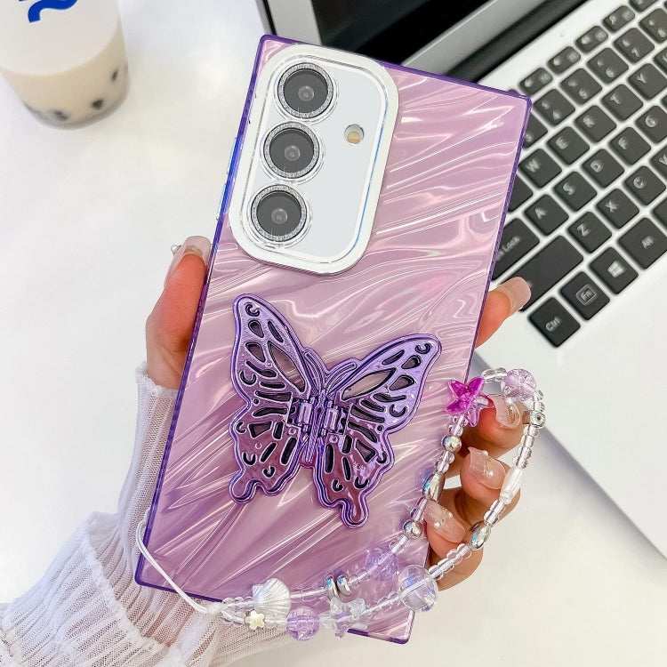 For Samsung Galaxy S25+ 5G Plating Glitter Lens Film Texture Butterfly Holder Wristband Phone Case(Purple Water Ripples) - Galaxy S25+ 5G Cases by PMC Jewellery | Online Shopping South Africa | PMC Jewellery | Buy Now Pay Later Mobicred