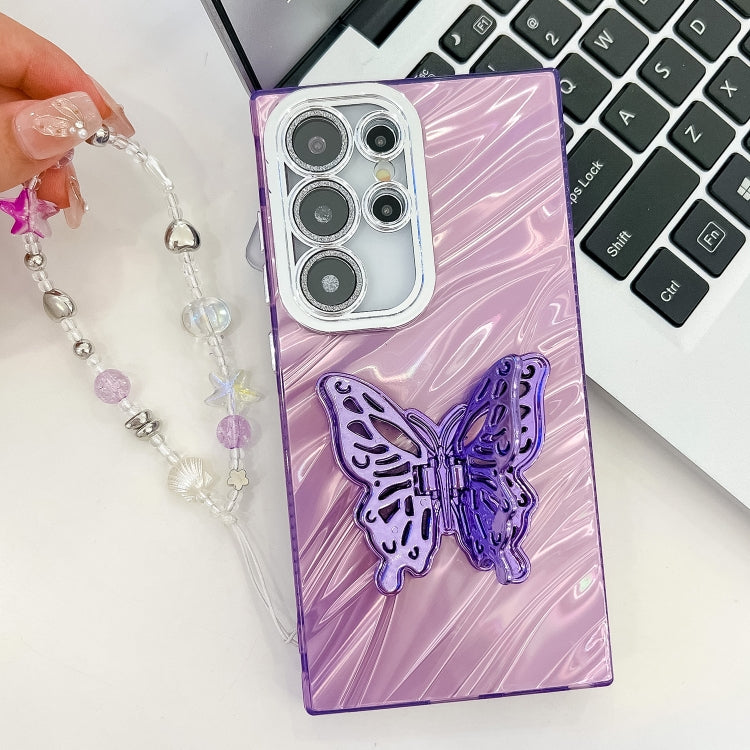 For Samsung Galaxy S25 Ultra 5G Plating Glitter Lens Film Texture Butterfly Holder Wristband Phone Case(Purple Wrinkles) - Galaxy S25 Ultra 5G Cases by PMC Jewellery | Online Shopping South Africa | PMC Jewellery | Buy Now Pay Later Mobicred