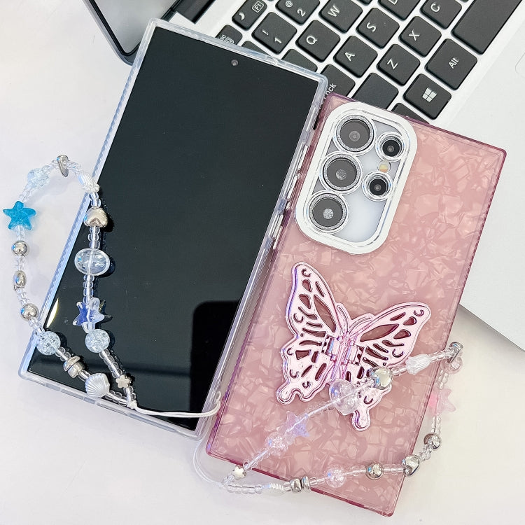 For Samsung Galaxy S25 5G Plating Glitter Lens Film Texture Butterfly Holder Wristband Phone Case(Pink Feather Yarn) - Galaxy S25 5G Cases by PMC Jewellery | Online Shopping South Africa | PMC Jewellery | Buy Now Pay Later Mobicred