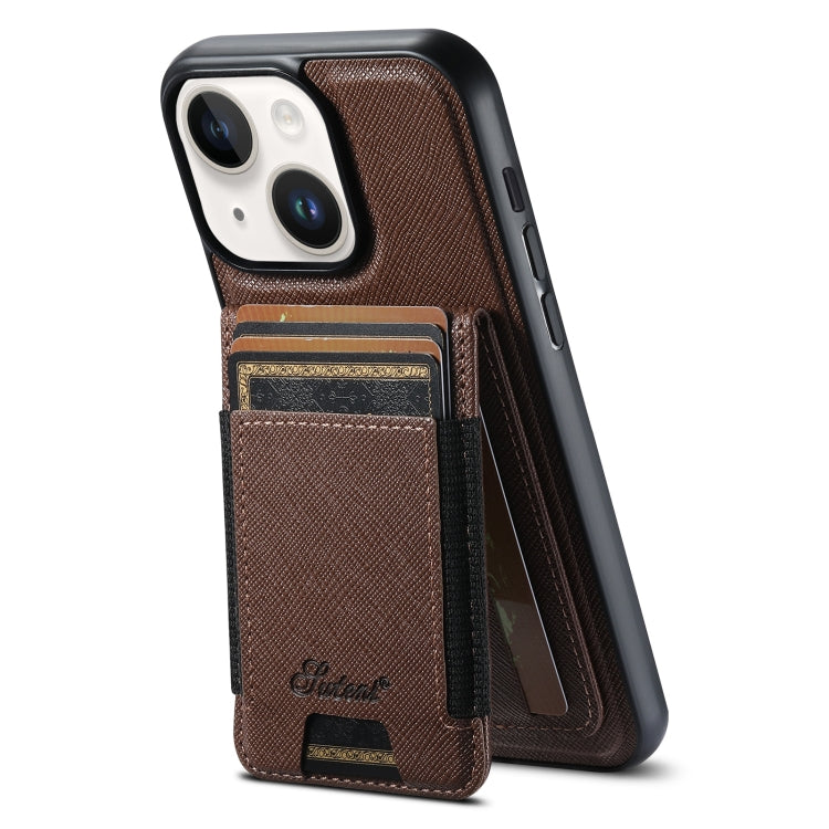 For iPhone 15 Suteni H17 Cross Grain Leather MagSafe Detachable Wallet Phone Case(Brown) - iPhone 15 Cases by Suteni | Online Shopping South Africa | PMC Jewellery | Buy Now Pay Later Mobicred