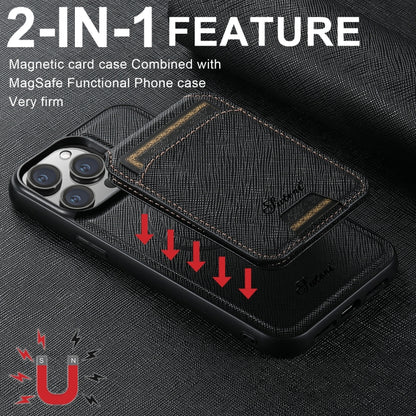 For iPhone 15 Plus Suteni H18 Cross Grain MagSafe Wallet Leather Phone Case(Black) - iPhone 15 Plus Cases by Suteni | Online Shopping South Africa | PMC Jewellery | Buy Now Pay Later Mobicred