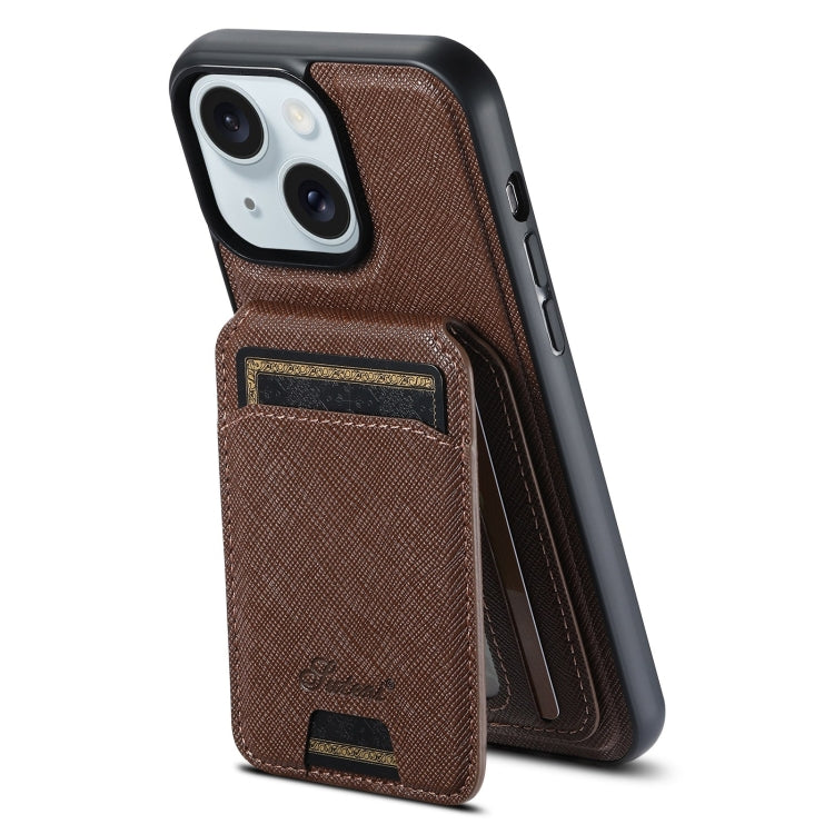 For iPhone 15 Suteni H18 Cross Grain MagSafe Wallet Leather Phone Case(Brown) - iPhone 15 Cases by Suteni | Online Shopping South Africa | PMC Jewellery | Buy Now Pay Later Mobicred