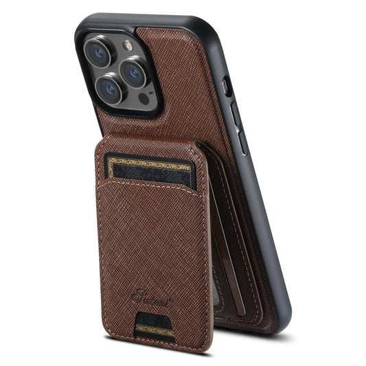 For iPhone 14 Pro Suteni H18 Cross Grain MagSafe Wallet Leather Phone Case(Brown) - iPhone 14 Pro Cases by Suteni | Online Shopping South Africa | PMC Jewellery | Buy Now Pay Later Mobicred