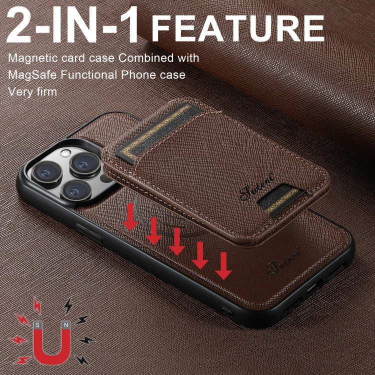 For iPhone 12 Pro Max Suteni H18 Cross Grain MagSafe Wallet Leather Phone Case(Brown) - iPhone 12 Pro Max Cases by Suteni | Online Shopping South Africa | PMC Jewellery | Buy Now Pay Later Mobicred