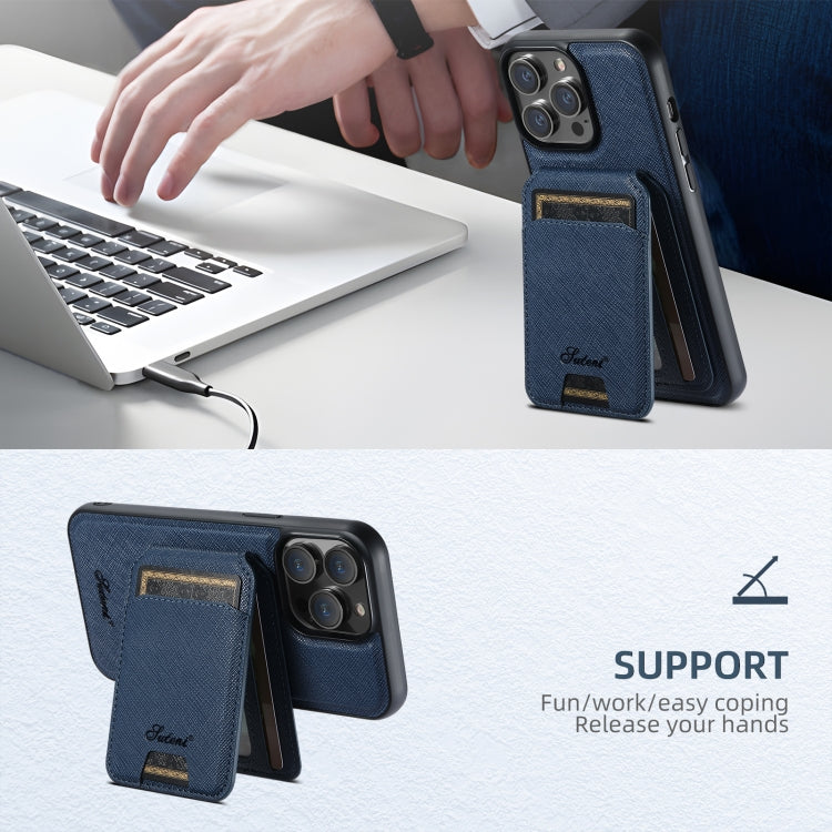 For iPhone 12 Suteni H18 Cross Grain MagSafe Wallet Leather Phone Case(Blue) - iPhone 12 / 12 Pro Cases by Suteni | Online Shopping South Africa | PMC Jewellery | Buy Now Pay Later Mobicred