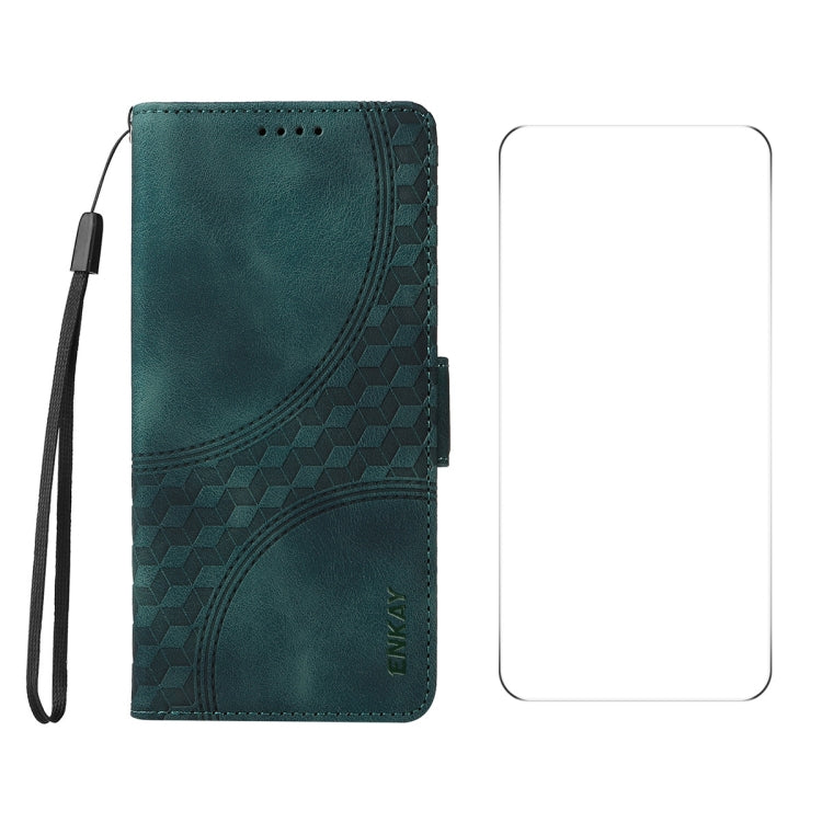 For iPhone 16 ENKAY Embossed Rhombus Starry Leather Phone Case with Screen Film(Green) - free shipping - PMC Jewellery - Order now!