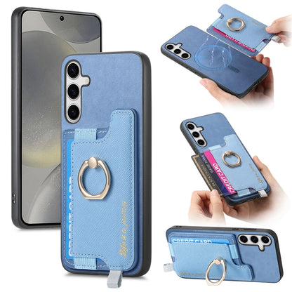 For Samsung Galaxy S25 5G Retro Cross Leather Ring Horizontal Insert Card Bag MagSafe Phone Case(Blue) - Galaxy S25 5G Cases by PMC Jewellery | Online Shopping South Africa | PMC Jewellery | Buy Now Pay Later Mobicred