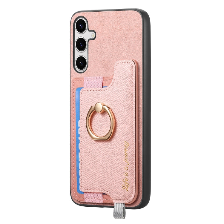 For Samsung Galaxy S25+ 5G Retro Cross Leather Ring Horizontal Insert Card Bag MagSafe Phone Case(Pink) - Galaxy S25+ 5G Cases by PMC Jewellery | Online Shopping South Africa | PMC Jewellery | Buy Now Pay Later Mobicred