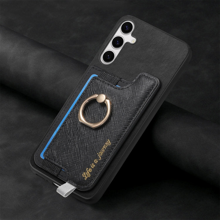 For Samsung Galaxy S25+ 5G Retro Cross Leather Ring Horizontal Insert Card Bag MagSafe Phone Case(Black) - Galaxy S25+ 5G Cases by PMC Jewellery | Online Shopping South Africa | PMC Jewellery | Buy Now Pay Later Mobicred